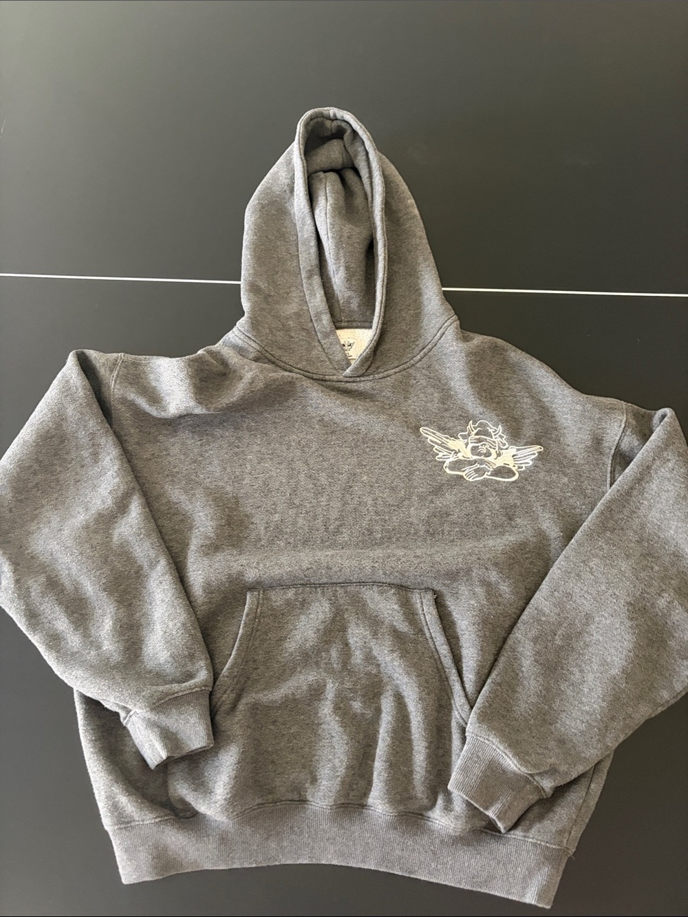Boys Lie Gray Pullover Hoodie with Winged Cherub Embroidery